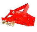Red metal locking handle with mounting hardware and bolts for industrial power equipment.