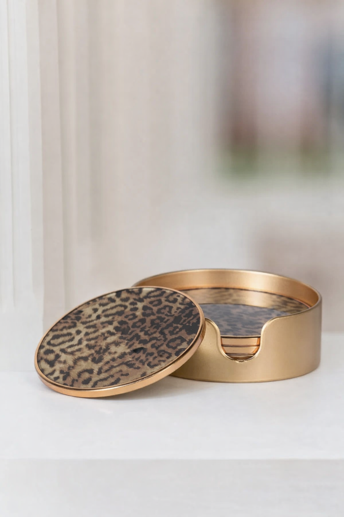 Set of 4 Leopard Print Coasters with Holder