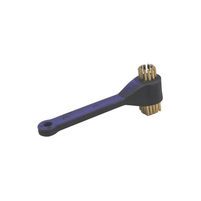 Side terminal battery cleaning brush with black handle and brass bristles