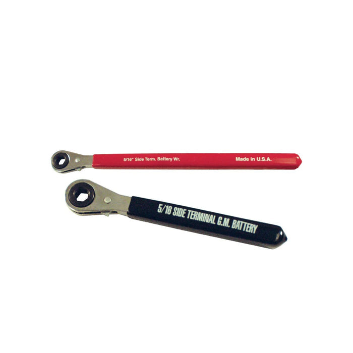 Side terminal ratchet wrenches for battery maintenance, red and black handles
