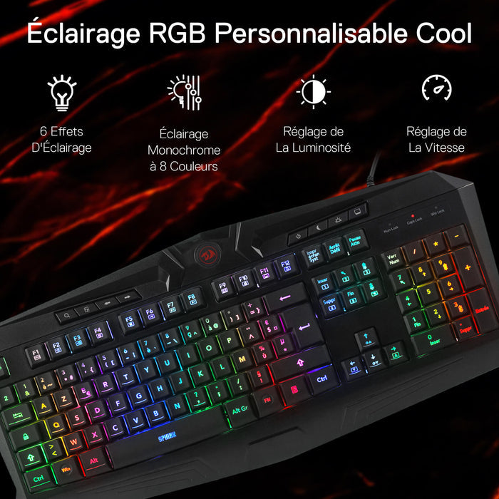 Redragon K503 AZERTY Wired Gaming Keyboard, RGB LED Backlight, Multimedia Keys, Silent Membrane Keyboard with Wrist Rest for Windows PC (Black)