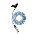 Clear coiled direct fill hose assembly with metal connectors and black nozzle, facility power part