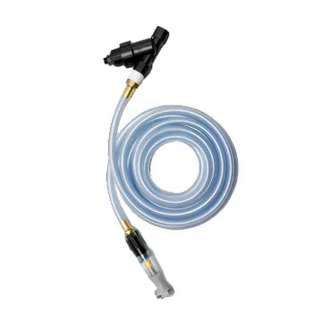 Clear coiled direct fill hose assembly with metal connectors and black nozzle, facility power part