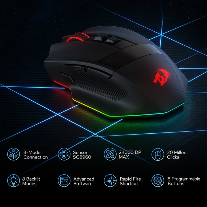 Redragon M923 PRO 3-Mode RGB Gaming Mouse, Optical Ergonomic Gamer Mouse with Max 24,000DPI, Pro Precision Sensor SG8960, 8 Macro Buttons, Software Supported
