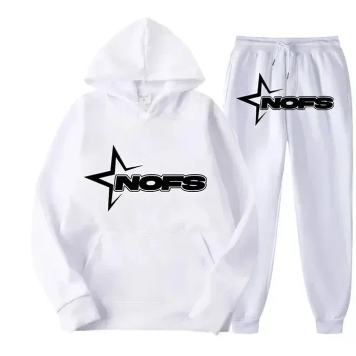 Streetwear NOFS Star Print Tracksuit Black Hoodie and Joggers Set for Men Women