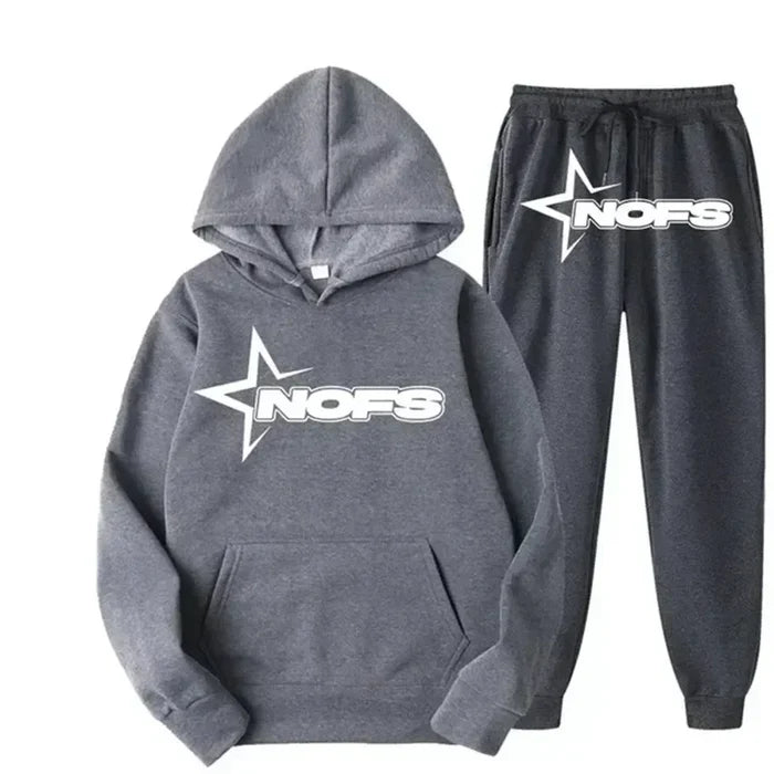 Streetwear NOFS Star Print Tracksuit Black Hoodie and Joggers Set for Men Women