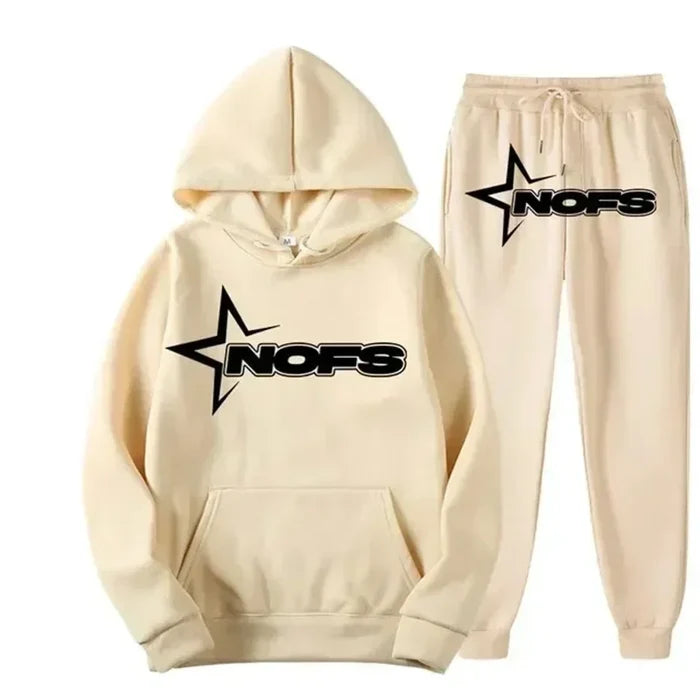 Streetwear NOFS Star Print Tracksuit Black Hoodie and Joggers Set for Men Women
