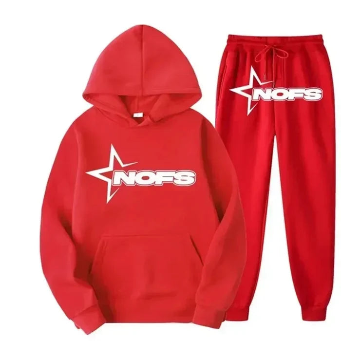 Streetwear NOFS Star Print Tracksuit Black Hoodie and Joggers Set for Men Women