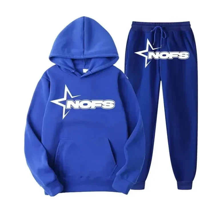 Streetwear NOFS Star Print Tracksuit Black Hoodie and Joggers Set for Men Women