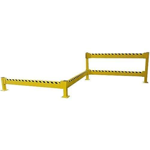 Yellow industrial safety barrier with black hazard stripes for facility protection