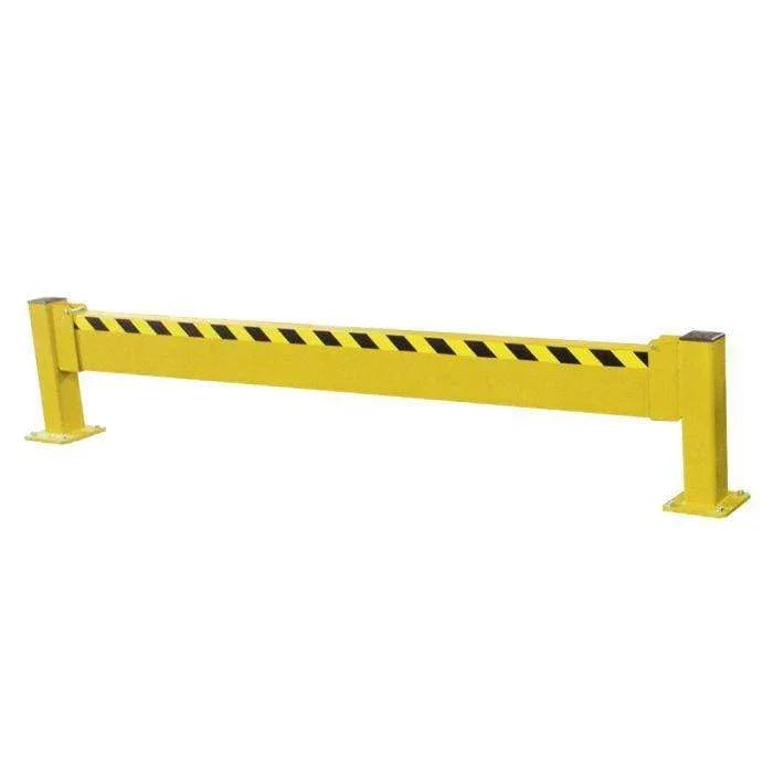 Yellow steel structural barrier rail with black hazard stripes for warehouse safety.