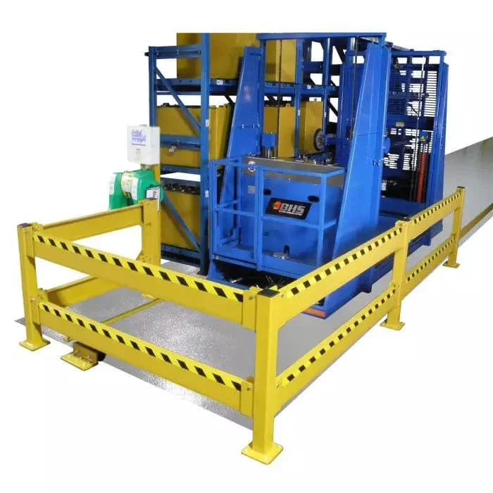 Yellow steel safety barrier rail in industrial facility for equipment protection