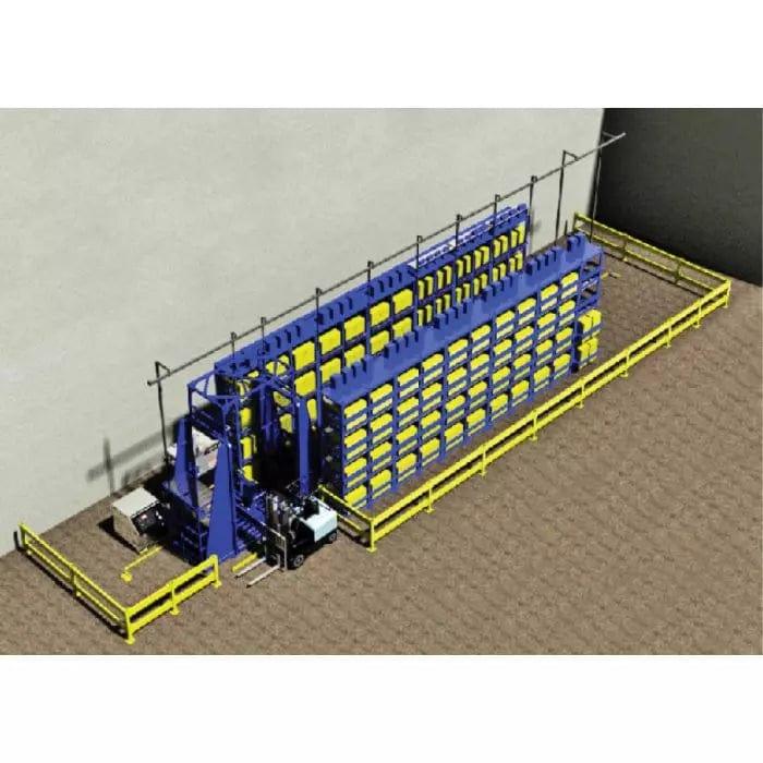 Industrial structural barrier rail system with safety fencing around storage racks
