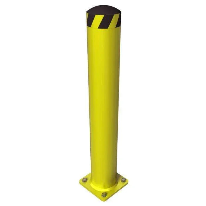 Yellow structural bollard with black safety stripes and base plate for facility protection