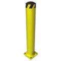 Yellow structural bollard with black safety stripes and base plate for facility protection