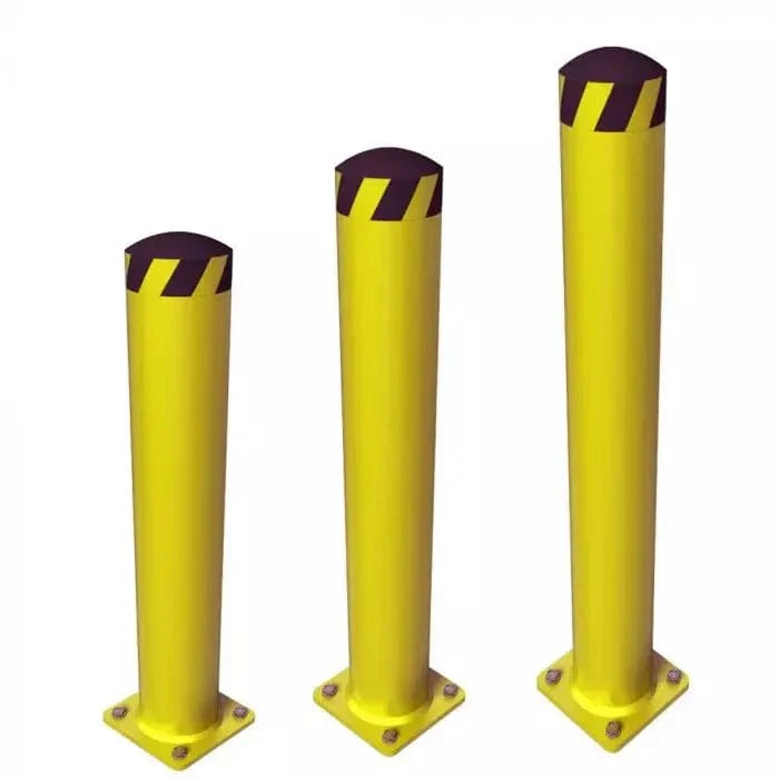 Yellow steel safety bollards with black striped tops for facility protection