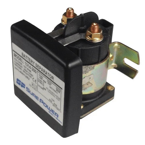 12-volt 200-amp battery separator relay with metal mounting bracket and labeled front panel