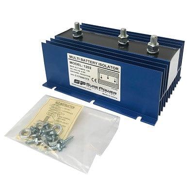 120 amp multi battery isolator with blue heat sink, terminals, and mounting hardware