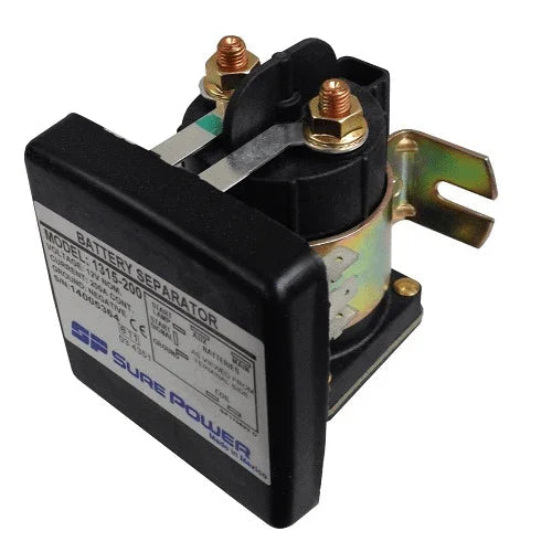 12-volt 200-amp bidirectional battery separator with dual terminals and product label