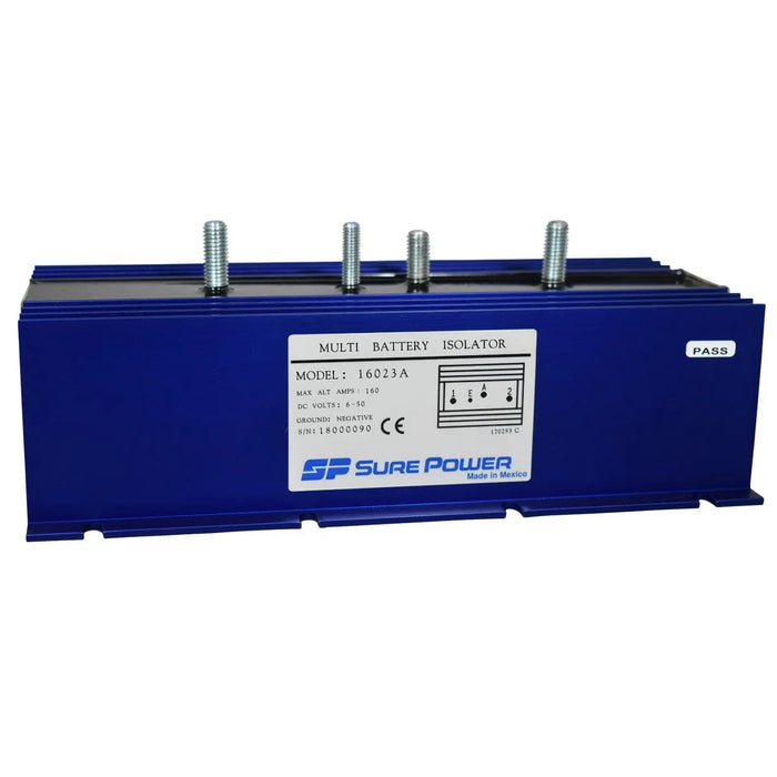 Blue multi battery isolator with four terminals and labeled front panel for power management