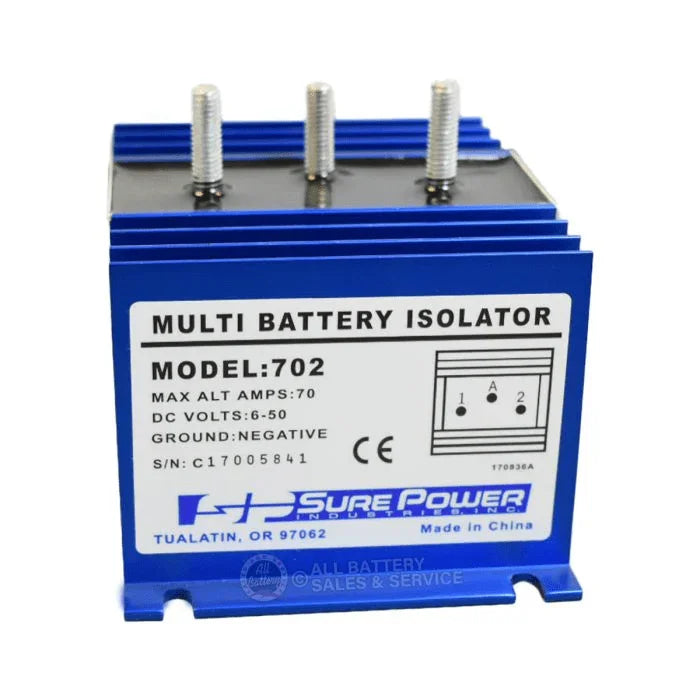 Blue 70 amp multi battery isolator with three terminals and labeled front panel
