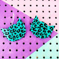 Teal Cat Cheetah Print Dangle Hoop Earrings
