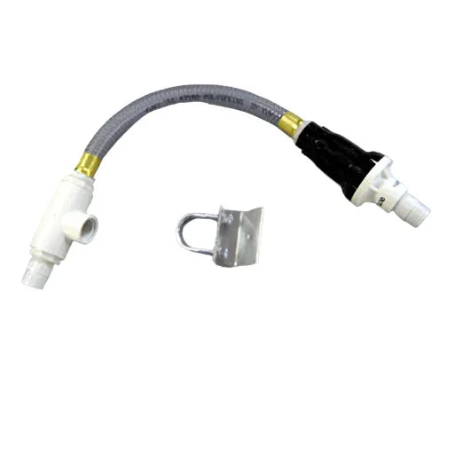 Battery watering tee regulator with attached hose and metal mounting bracket