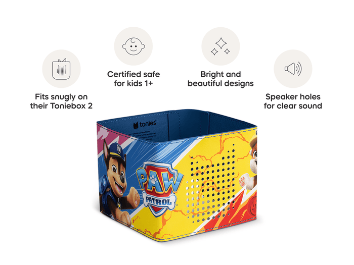 PAW Patrol Sleeve is in our line of sleeves that are compatible with Toniebox 2 which are easy to clean, 1+, and include bright and fun designs