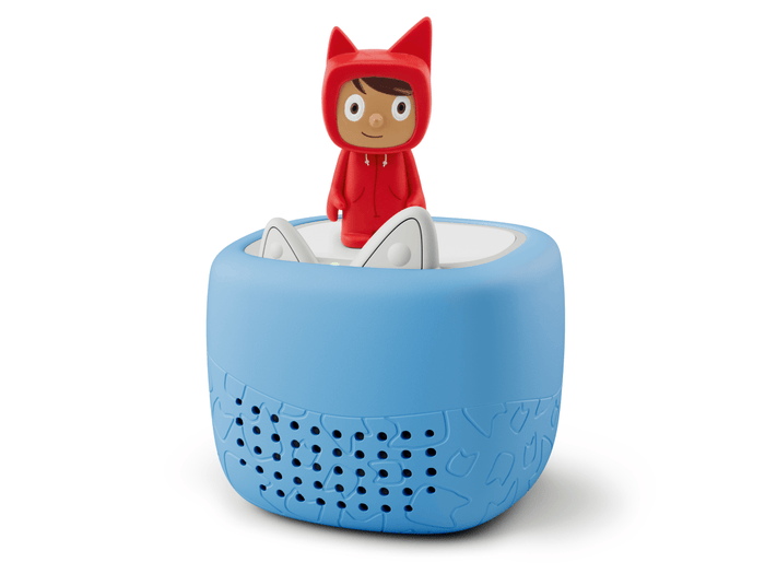 Toniebox Lite, an audio player for kids with Rubie Creative Tonie audio figurine and blue cover