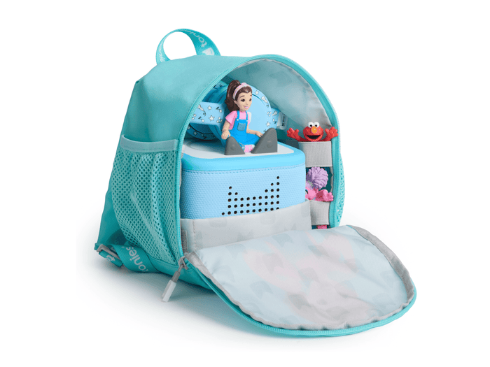 Toniebox Ms. Rachel Carrying Case open with toniebox 2 and tonies inside