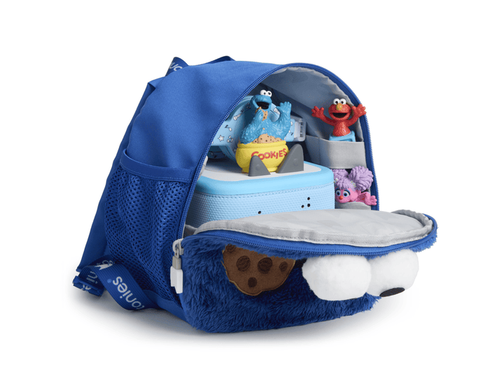 open view of Toniebox Sesame Street Cookie Monster Backpack used to carry Toniebox, Tonies and accessories