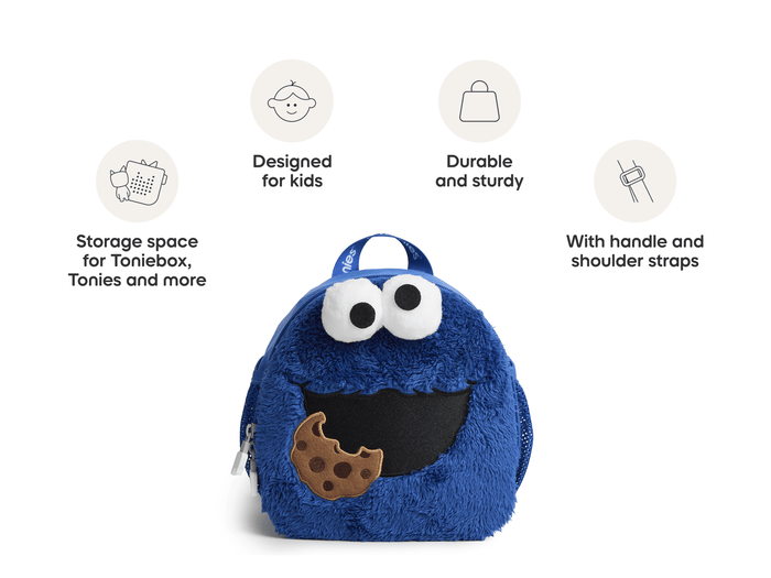 Toniebox Sesame Street Cookie Monster Backpack used to carry Toniebox, Tonies and accessories