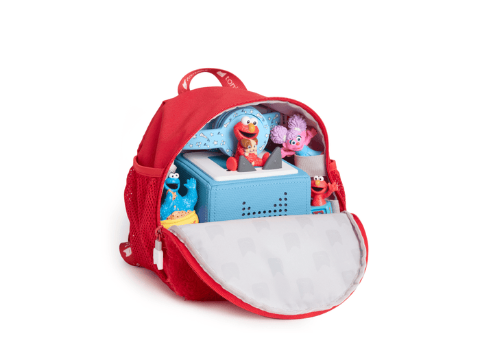 open view with tonies and toniebox inside of Toniebox Character Backpack - Elmo