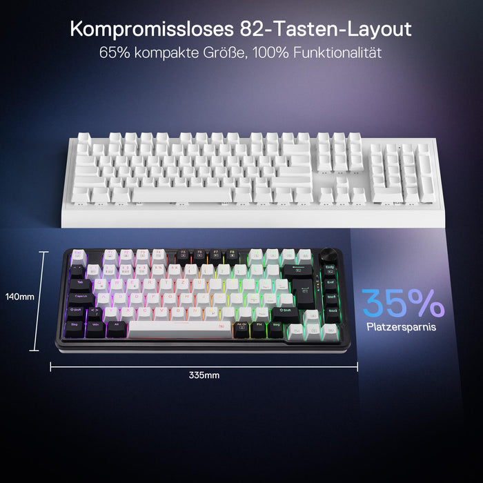 Redragon K673 PRO Kabellose QWERTZ DE Gaming-Tastatur, Gasket Struktur 75% kompaktes Design 82 Tasten Hot-Swap-Rote Schalter Mechanische Tastatur mit Knopf RGB-Beleuchtung, 2.4G/BT/Type-C Verbindungen