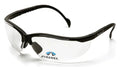 Clear anti-fog safety glasses with black frame and Pyramex logo on lens