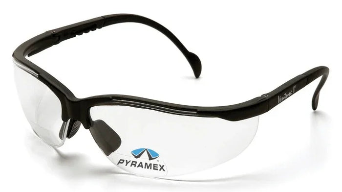 Clear anti-fog safety glasses with black frame and Pyramex logo on lens