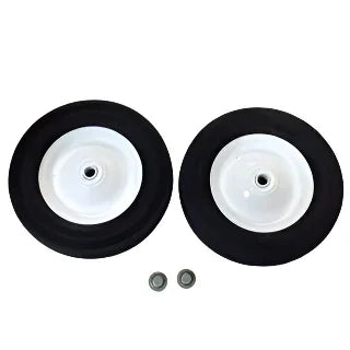 Replacement wheel kit with two black rubber wheels and two metal bearings for facility equipment