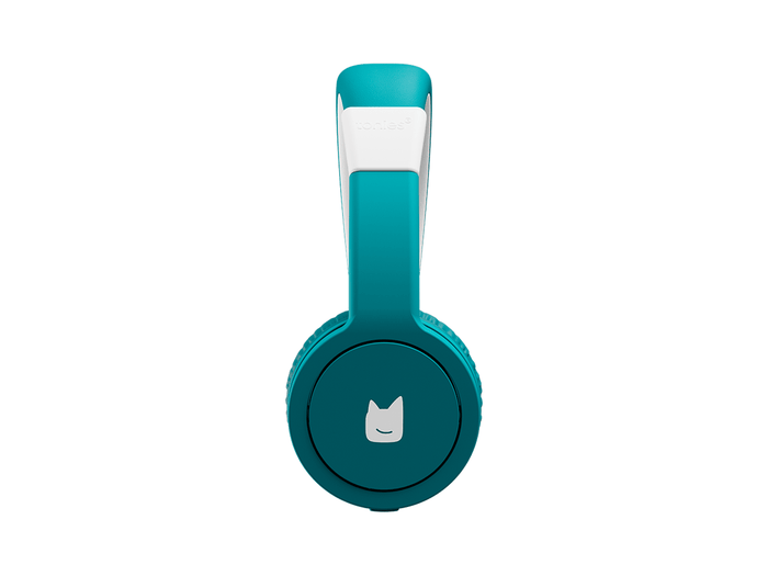 Side view of the teal wired headphones for kids with pulsating light illuminated