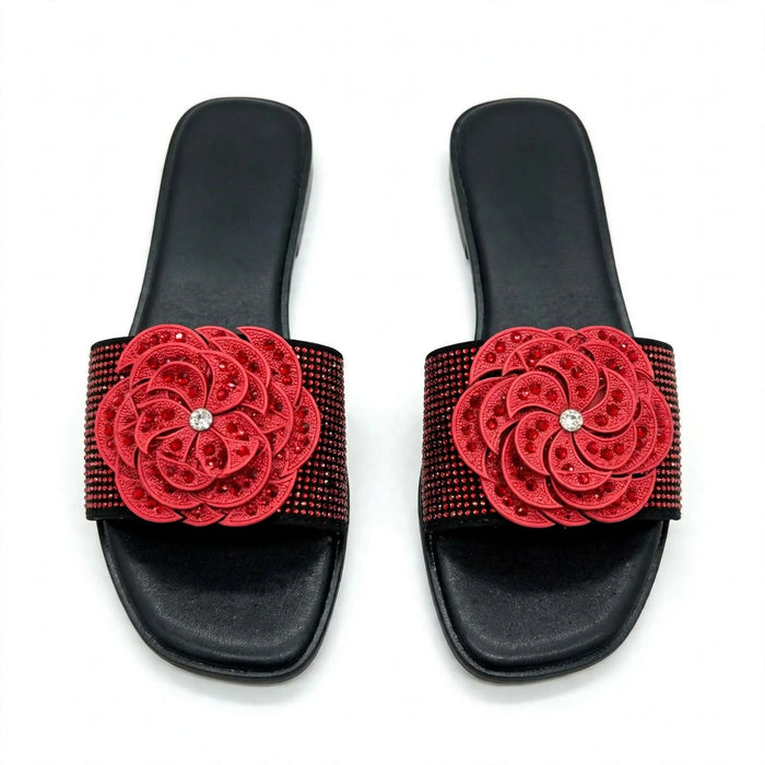 Women Rhinestone Flower Flat Slide Sandals - JS2655