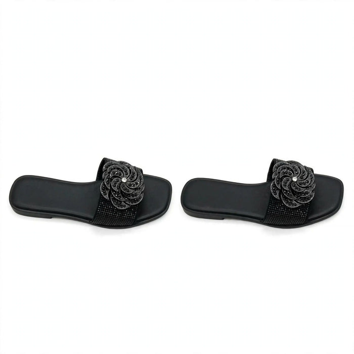 Women Rhinestone Flower Flat Slide Sandals - JS2655