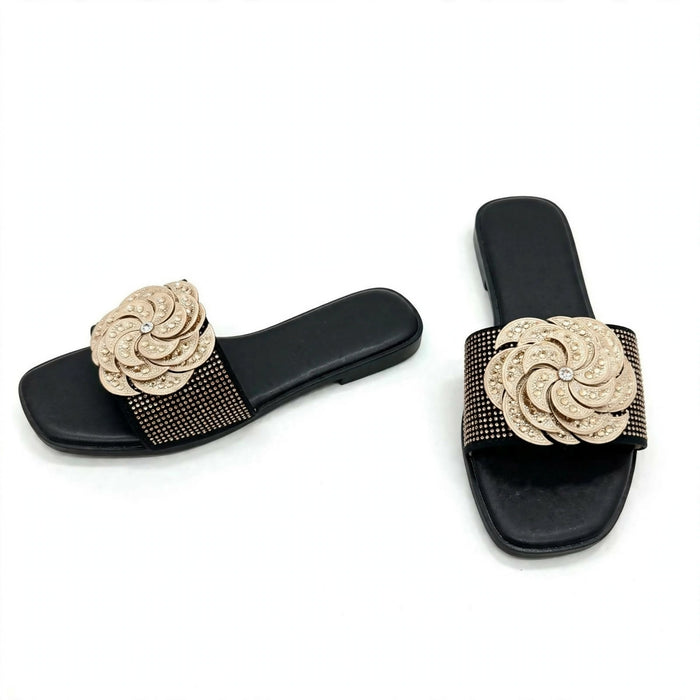 Women Rhinestone Flower Flat Slide Sandals - JS2655