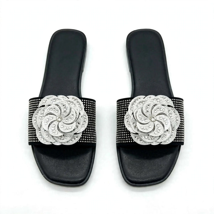 Women Rhinestone Flower Flat Slide Sandals - JS2655