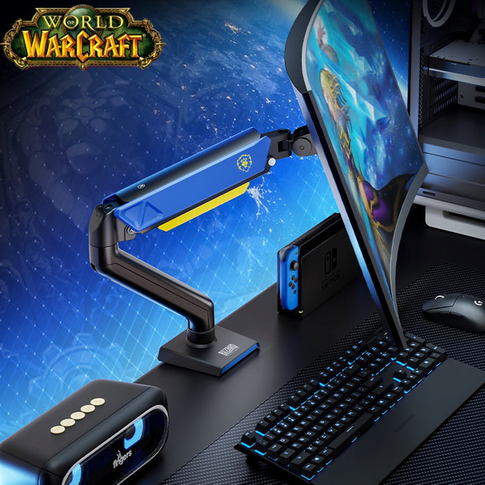 This WoW Alliance monitor stand is the centerpiece of the themed setup: its bold blue Alliance-styled design supports the curved monitor, pairing seamlessly with matching gear for an immersive, cohesive gaming space.