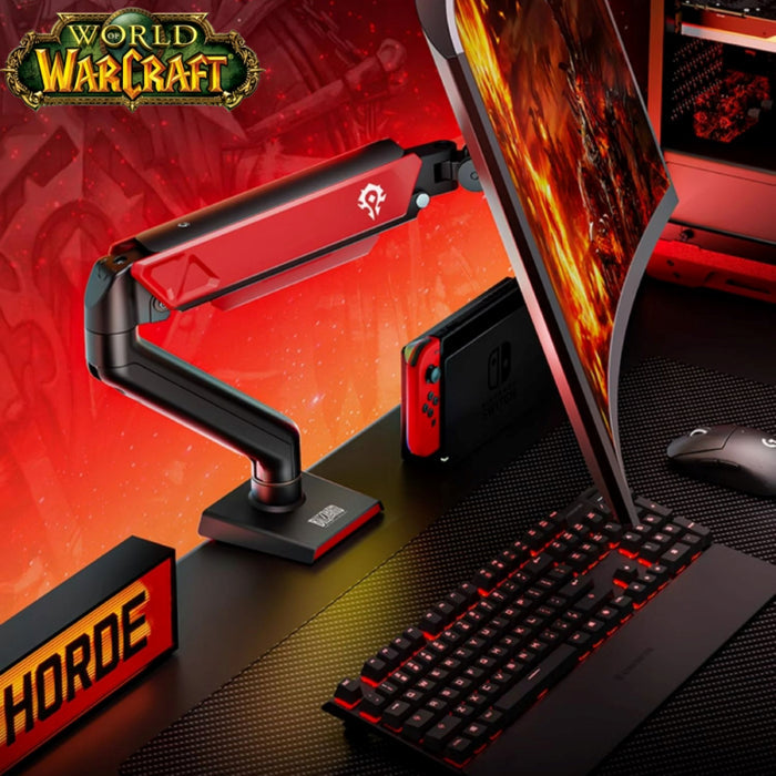This WoW Horde monitor stand is the centerpiece of the themed setup: its bold red Horde-styled design supports the curved monitor, pairing seamlessly with matching gear (keyboard, "HORDE" sign) for an immersive, cohesive gaming space.
