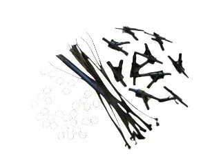 Assorted black plastic wye fittings with collars and cable ties for facility power systems